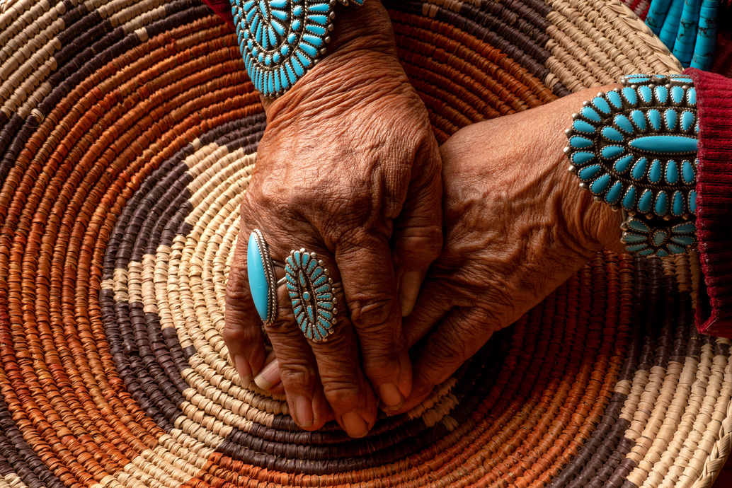 Senior Native American Navajo Woman Wearing Traditional Turquiose Jewelry